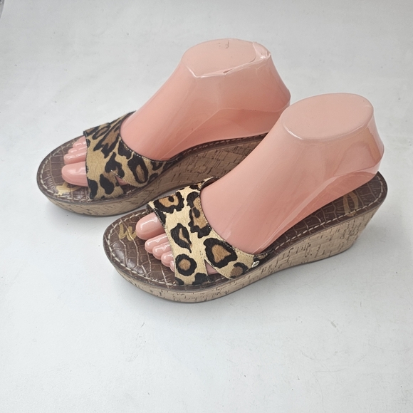 Sam Edelman Reid Leopard Calf Hair Cork Wedge Slide Sandals Platform Size 8 - Picture 3 of 10